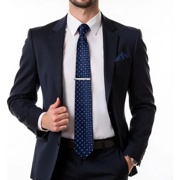 🆕Men Blue Plaid Silk Checkered Necktie Pocket Square Cufflinks Tie Clip Set